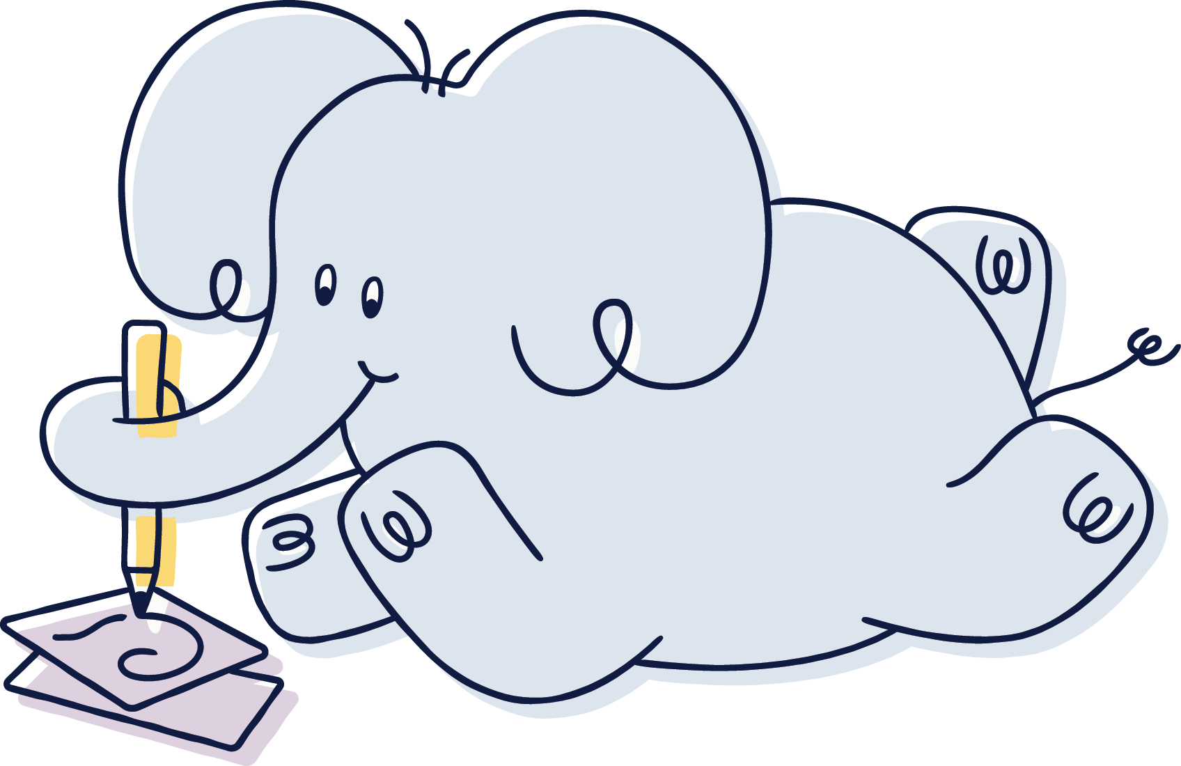 Cartoon elephant writing on a piece of paper with a pencil
