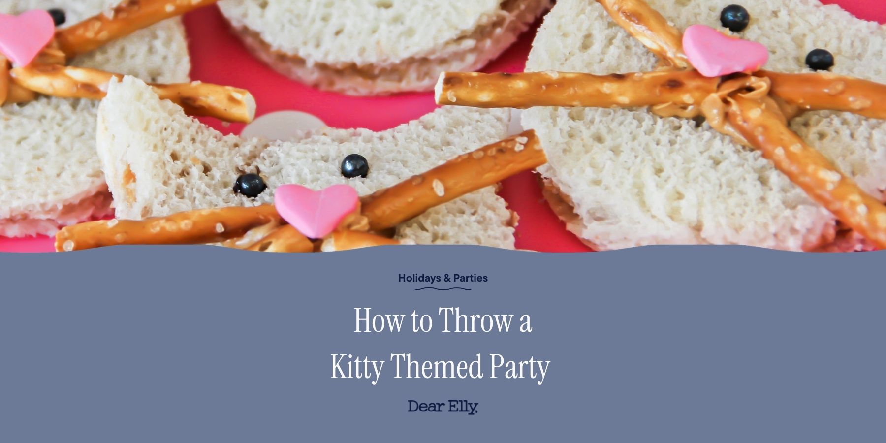 Mouse-shaped sandwiches with pretzel tails on a pink plate, with text overlay about hosting a kitty-themed party.