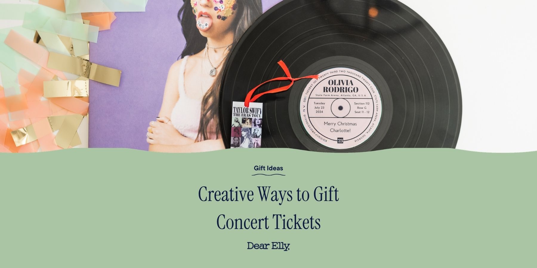 Vinyl record with a red ribbon and a woman holding a gift card on a green background.