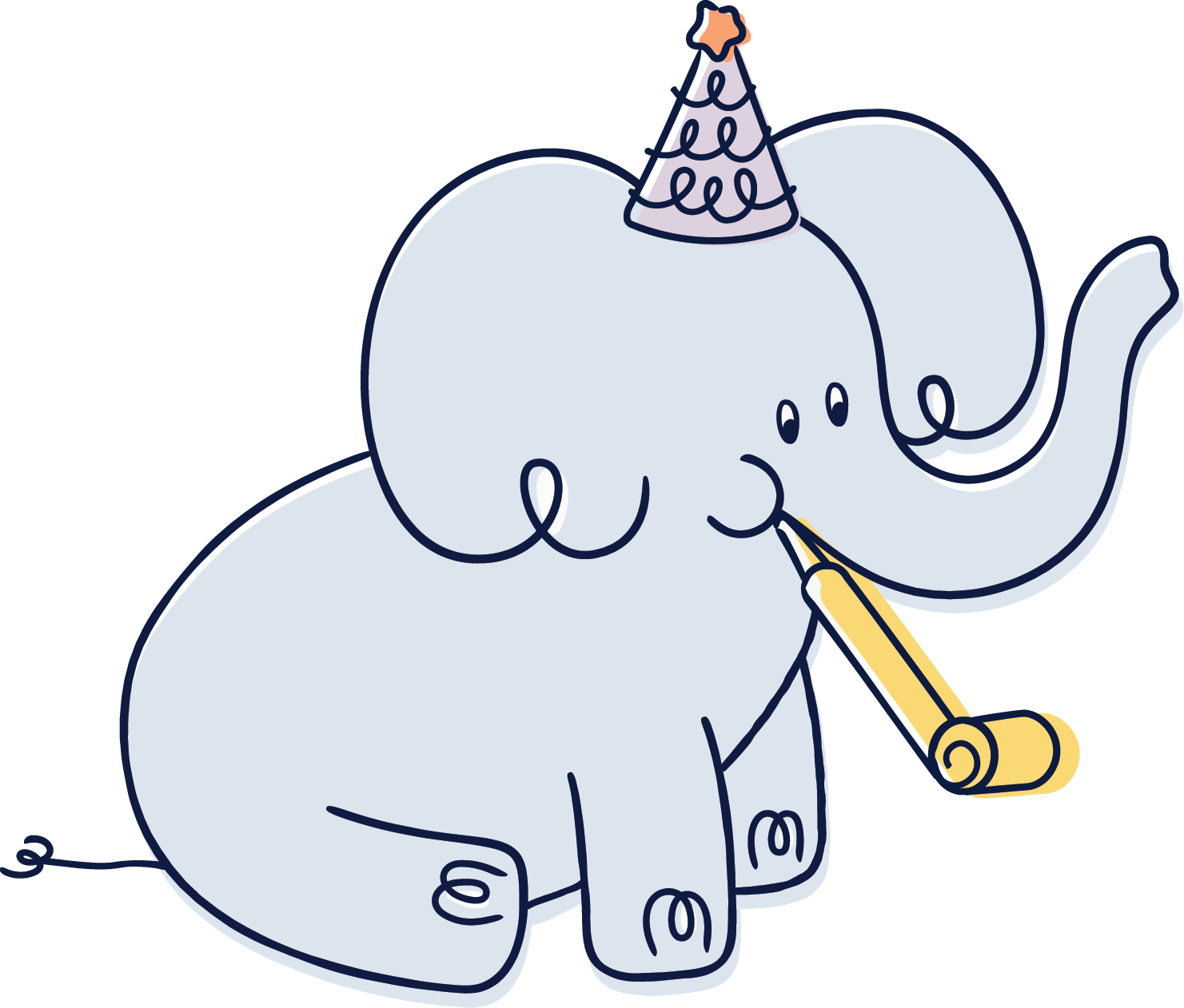 Illustration of an elephant wearing a party hat and holding a party horn on a white background