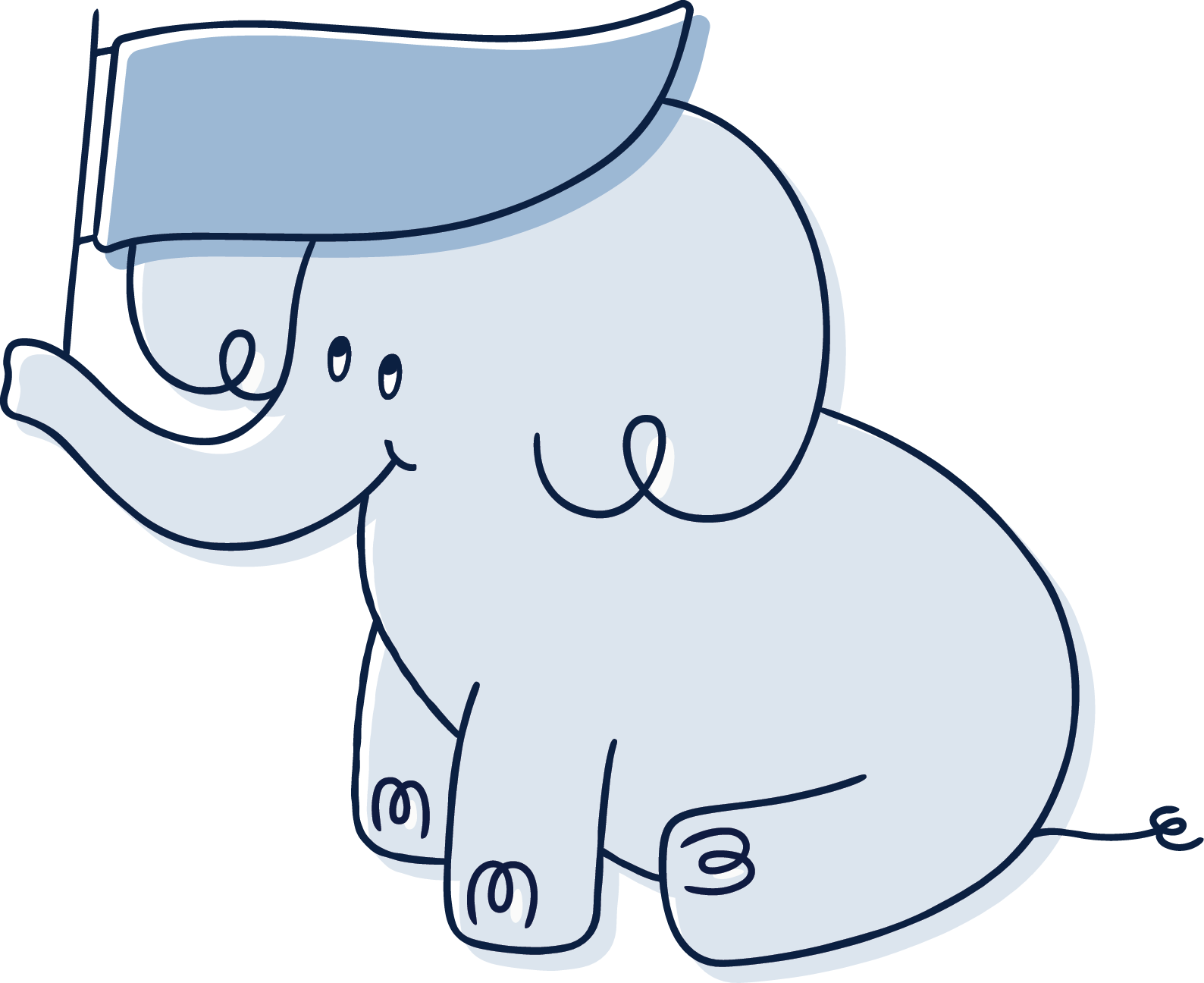 Simple line drawing of an elephant wearing a hat on a white background