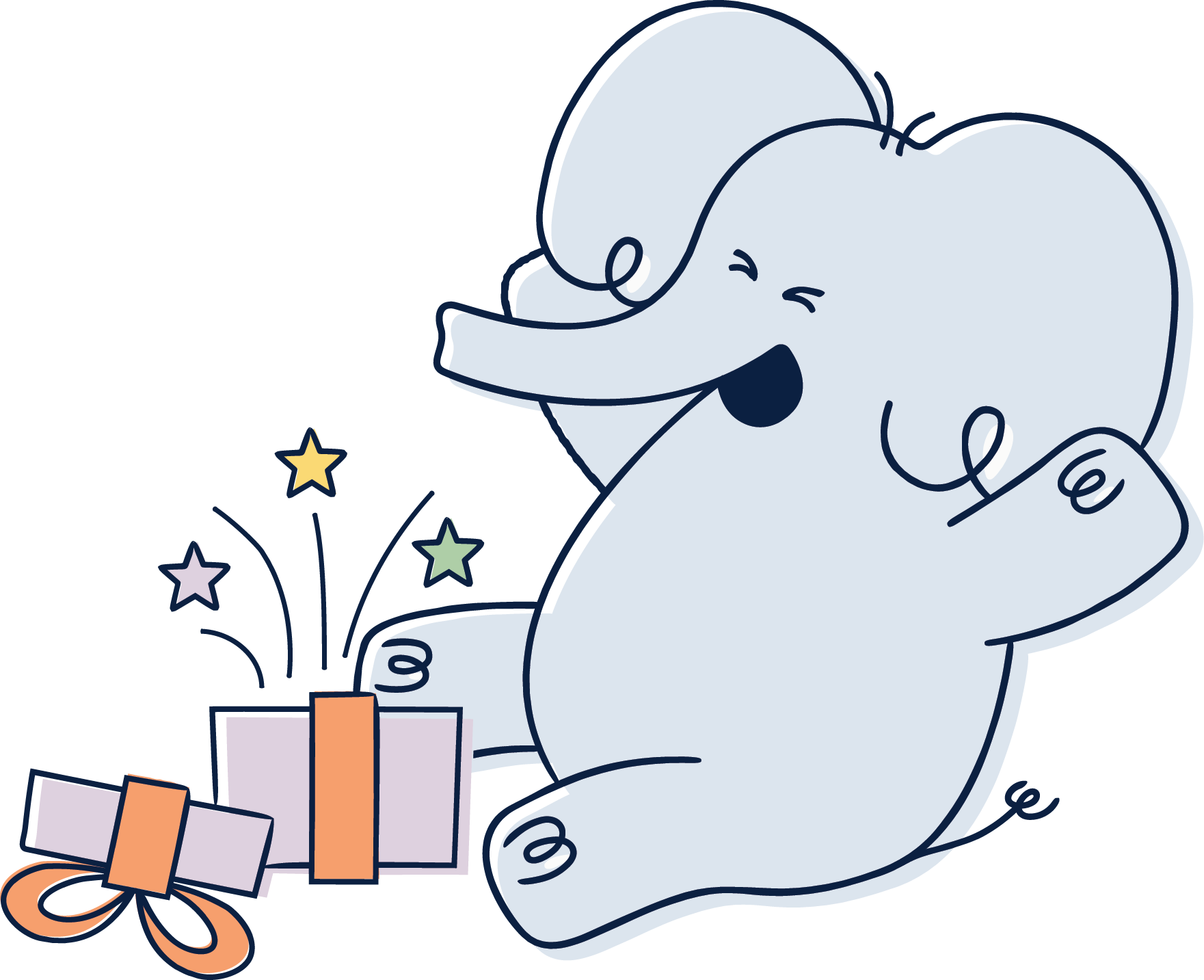 Illustration of a happy elephant with a gift box and stars on a white background