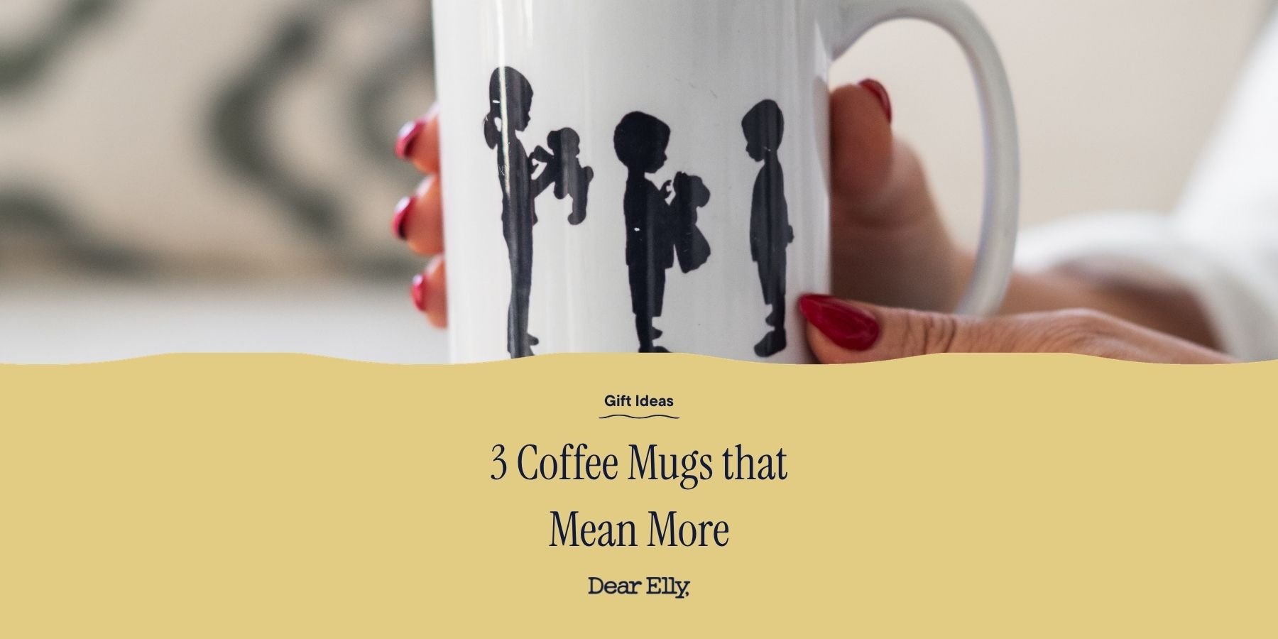 White mug with black silhouettes of a family on a yellow background
